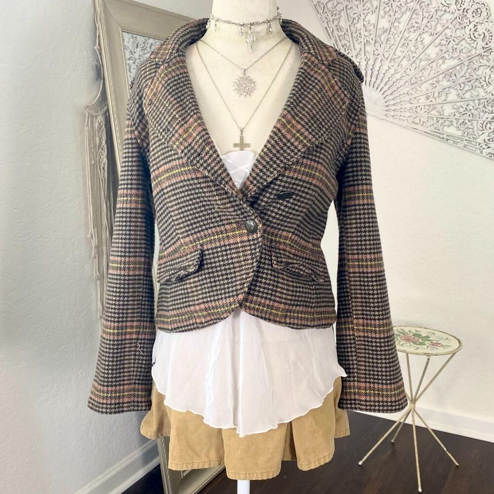 Hollister Y2K Early 2000's Whimsygoth Tan Brown Plaid Cropped Wool Jacket S